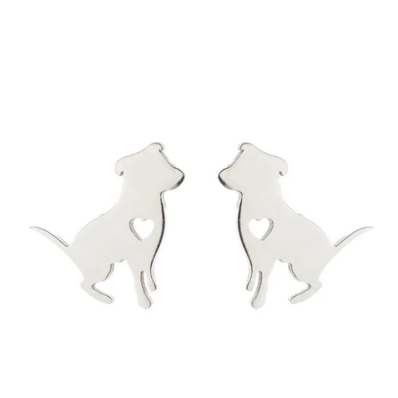 Cute Silver Dog Stud Earrings With A Heart Cutout - Picture 3 of 6